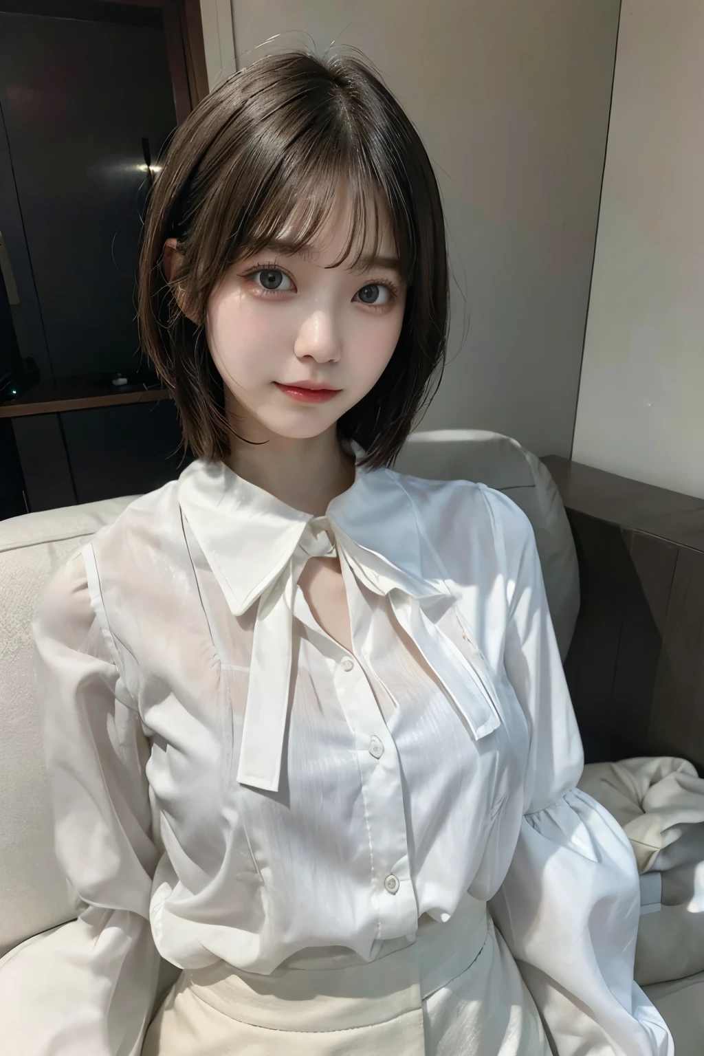 Wearing a blouse with a white collar with long sleeves、Brown Bob Short Hair