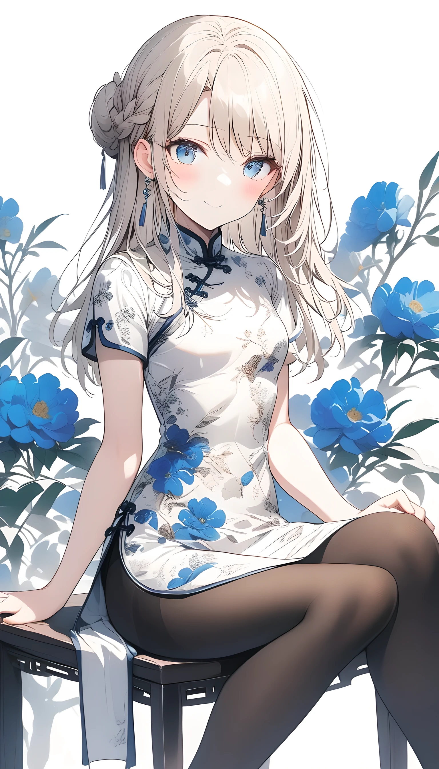 cheongsam,1 Girl,(Ilyasviel von Eisbern),Red_Eye,Cream-colored hair,(French Braid),Smile,Blue flowers,breast,china skirt,Chinese clothes,skirt,earrings,Floral,hands up,sit,Long hair,Looking at the audience,Pantyhose,print skirt,Simple background,Smile,Solitary,White background