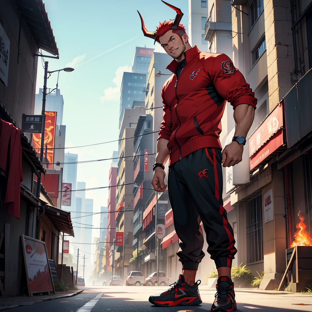 fire bending, man, short red hair, strong, animated style, blue eyes, Modern city background, Beautiful smile. Characters face full body from head to toe, very attractive and muscular body, red horns protruding from their head, dragon horns. A muscular woman dressed in sportswear. big, muscular arms. Black sports shoes. Black sportswear with red tones. The character is standing facing forward.