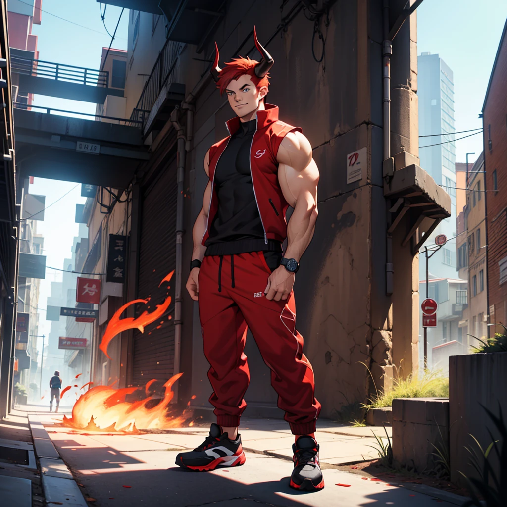 fire bending, man, short red hair, strong, animated style, blue eyes, Modern city background, Beautiful smile. Characters face full body from head to toe, very attractive and muscular body, red horns protruding from their head, dragon horns. A muscular woman dressed in sportswear. big, muscular arms. Black sports shoes. Black sportswear with red tones. The character is standing facing forward.