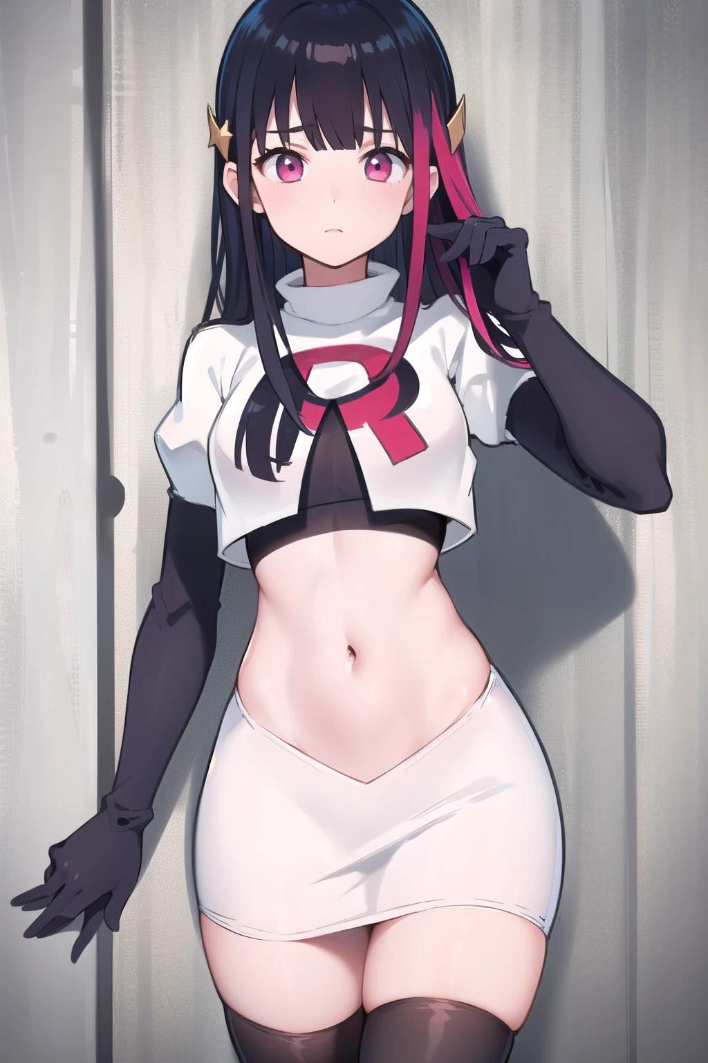 rouge redstar,1girl, black hair, solo, long hair, pink eyes,ear ornament, streaked hair, blunt bangs, looking at viewer,cowboy shot, team rocket,team rocket uniform,white skirt,red letter R,crop top,black thigh-highs,black elbow gloves, (best quality, masterpiece),