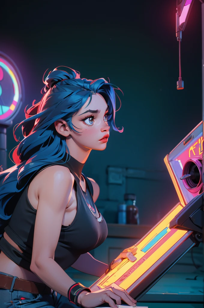 (ultra quality, 4k, 8k, high resolution, masterpiece: 1.2), ultra detailed, (realistic, photorealistic, photorealistic: 1.37) a sexy and young and beautiful woman, video game professional, light brown eyes, snub nose, semi-thick lips, pink and blue hair, slim body, full body, large eyes, wears a black sleeveless shirt, wears short jeans, red tennis shoes, He is in a video game room, the room has colored neon lights