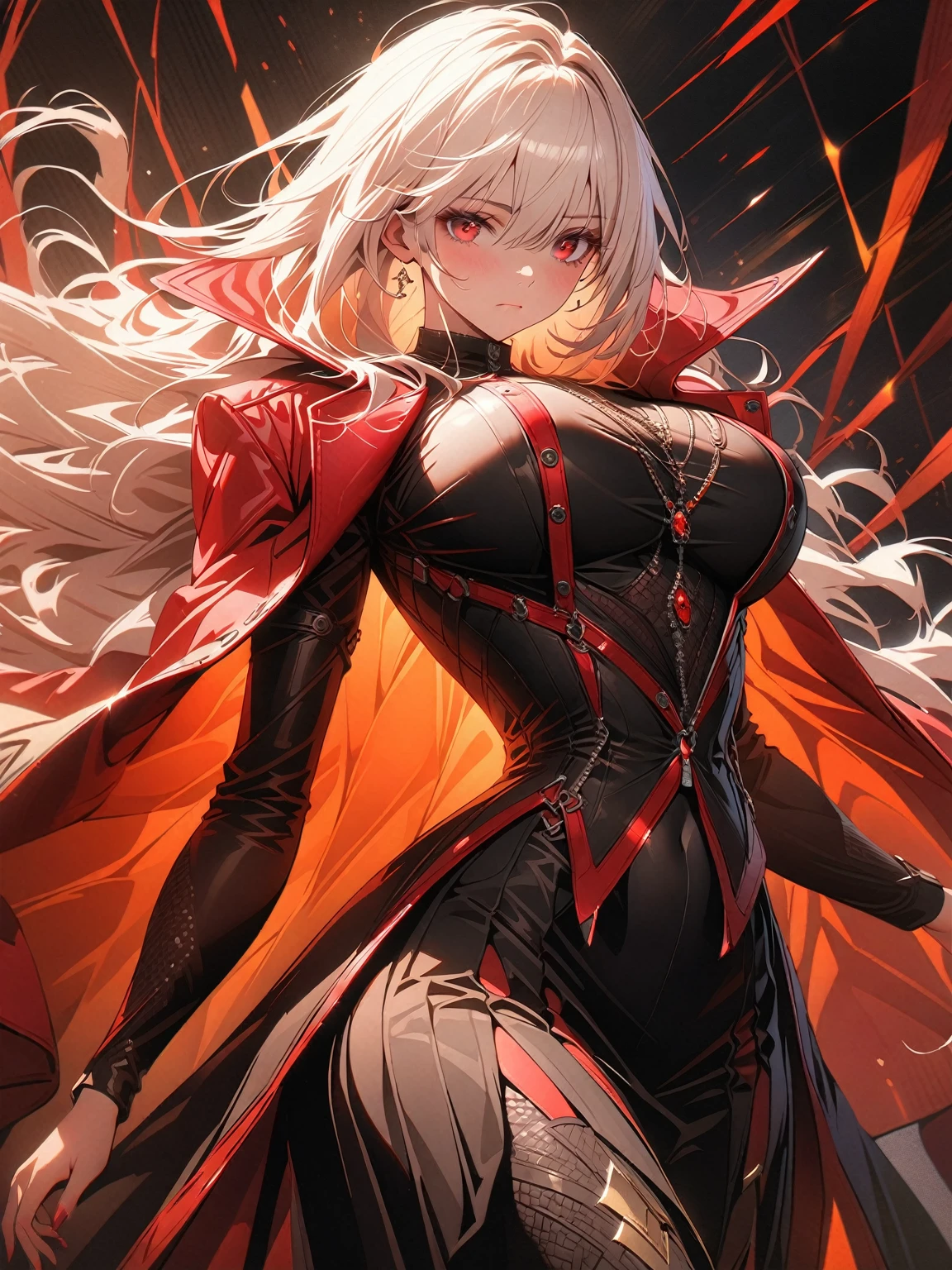 1Women,(Long white hair)،(Lapcoat),(Red eyes),(Big breasts),(women's long stocking),(Tight skirt),(Expressionless face), (masterpiece:1.5), (8k details:1.3), (unlimited details:1.2), (best eyes:1.4), (ultra clothes details:1.3), (highly detailed background), (vibrant colors), (dynamic lighting), (realistic skin texture), (intricate patterns), (sharp focus), (full-body view), (natural poses), (expressive emotions), (cinematic composition)