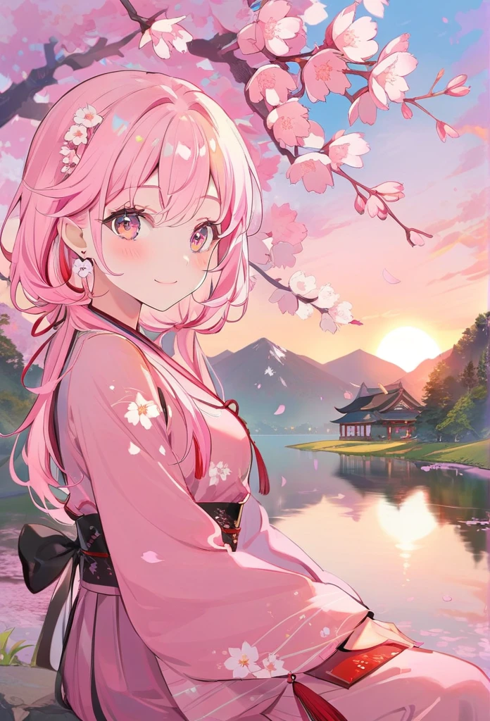 Sakura Rice Library, Upper Body, Smile, blush, sit, ((Cherry blossoms)), ((pink袖子)), pink调, ((pink)), pink天空, Sunset, lake, reflection