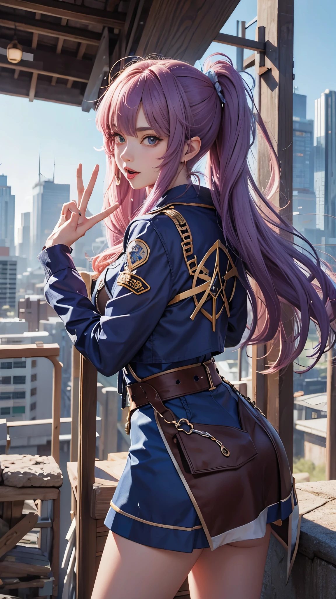 nicole demara, cowboy shot, tongue out, peace symbol, from side, city, anime source BREAK