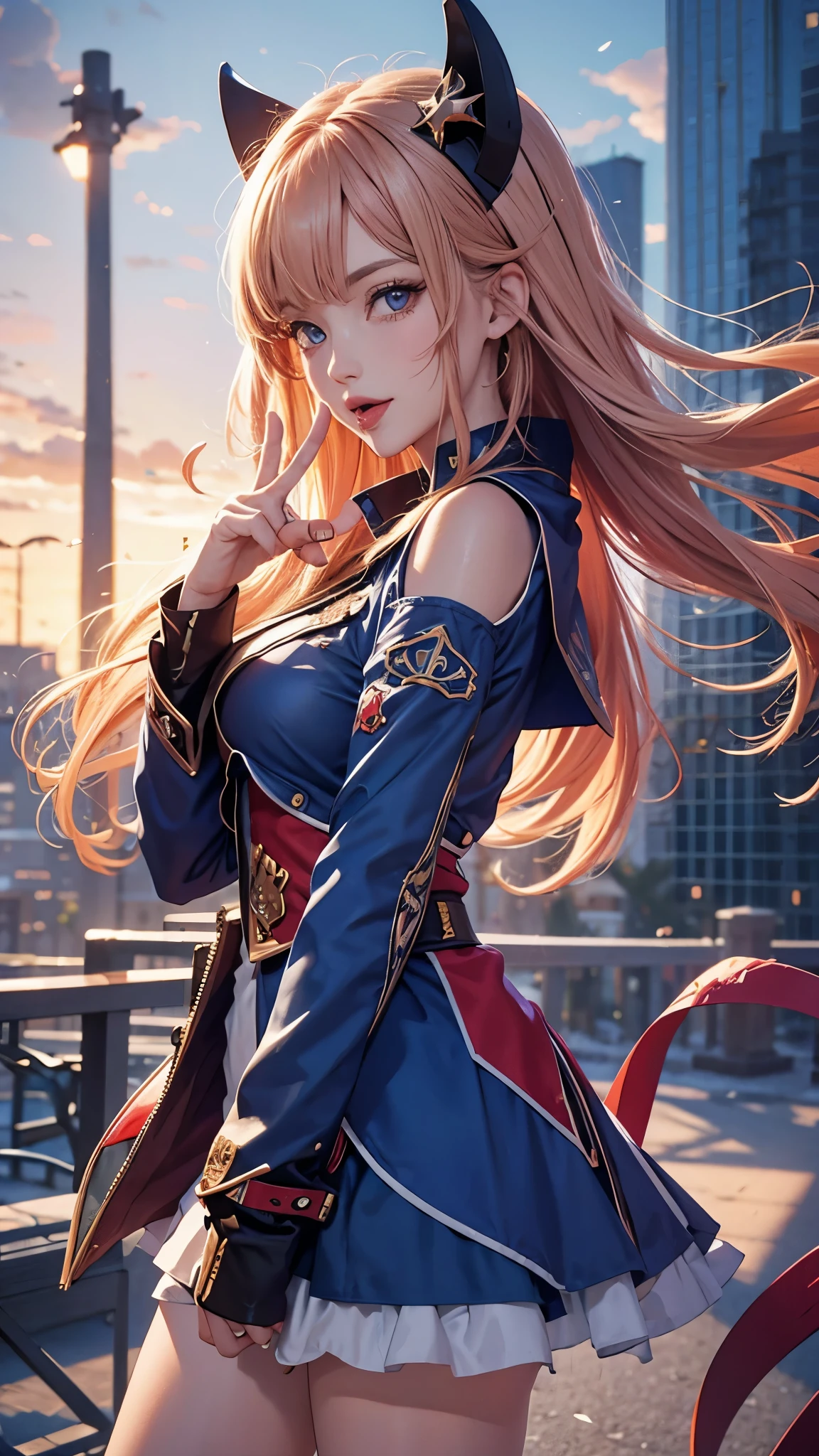nicole demara, cowboy shot, tongue out, peace symbol, from side, city, anime source BREAK