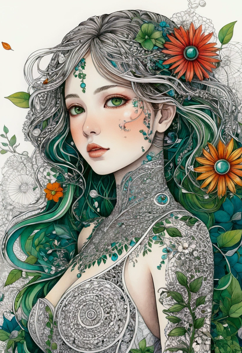 Official Art, colorful, Very detailed, beautiful and aesthetic, beautiful, masterpiece, Highest quality, (zenTangle, colorful, Tangle, enTangle), (Flower ???????:1.2) Dynamic Angle, Girl To, the most beautiful form of chaos, elegant, Brutalist Design, Vibrant colors, Romanticism, Venus、The background is silver&green: Surrounded by a white aura、god々Shii、An illustration、12 years old、whole body