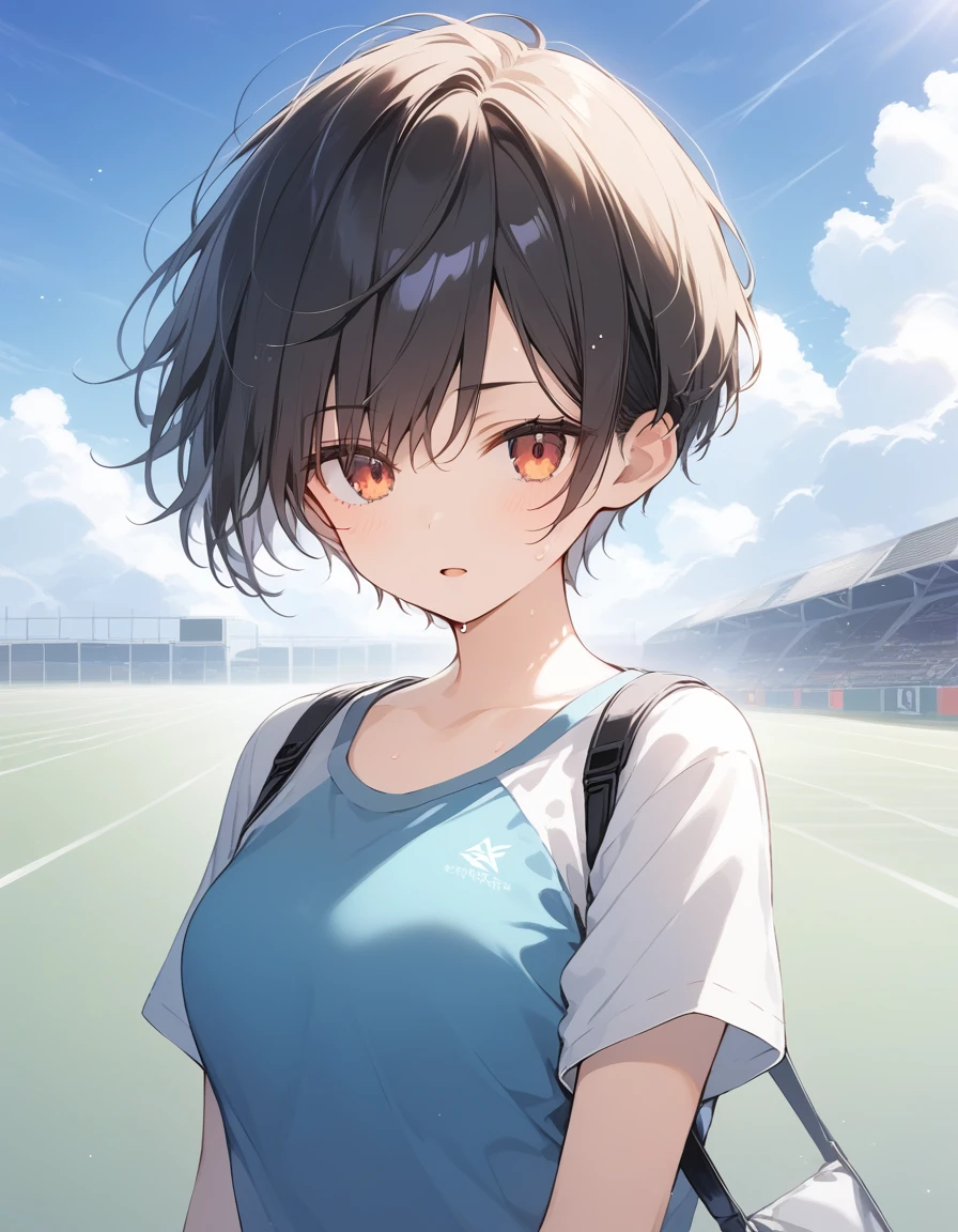 score_9, score_8_up, score_7_up, source_anime, best quality, masterpiece, official art, absurdres, highres, ultra-detailed,waifu2x,Collection: Serious Beauty,break,1girl, very short hair, pixie cut, , beautiful detailed eyes, expressionless, sportswear, sweat, open mouth, (yawn:0.3), sleepily, outdoors, wind, break,(clear line illustration:1.2), super detailed skin,very high resolution, very aesthetic, Best sexual ng powered by famous artist, 8k, beauty illustration,photoshop_(medium),,(Detailed Lighting),best anime 8k konachan wallpaper, pixiv contest winner, artist:da-kuro,artist:carnelian ,artist:kantoku ,