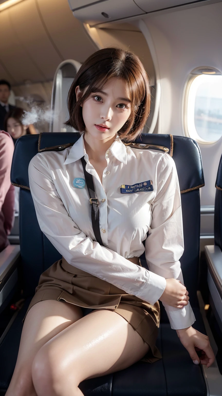1 woman, 20 years old、overly detailed face、detailed lips、eye for detail、double eyelid、with a round face、(brown bob hair、Like an airplane stewardess々do a good job)、(stewardess uniform:1.2)、(glamorous body)、(huge breasts)、(Humidification:1.3), laugh、thighs thighs thighs thighs, perfect fit, Perfect image realism, background: (Business class aisle on airplanes:1.2), cowboy shot, 세심한 background, detailed costumes, perfect reading、surrealism、(realistic:1.4)、8K maximum resolution, (masterpiece), very detailed, professional