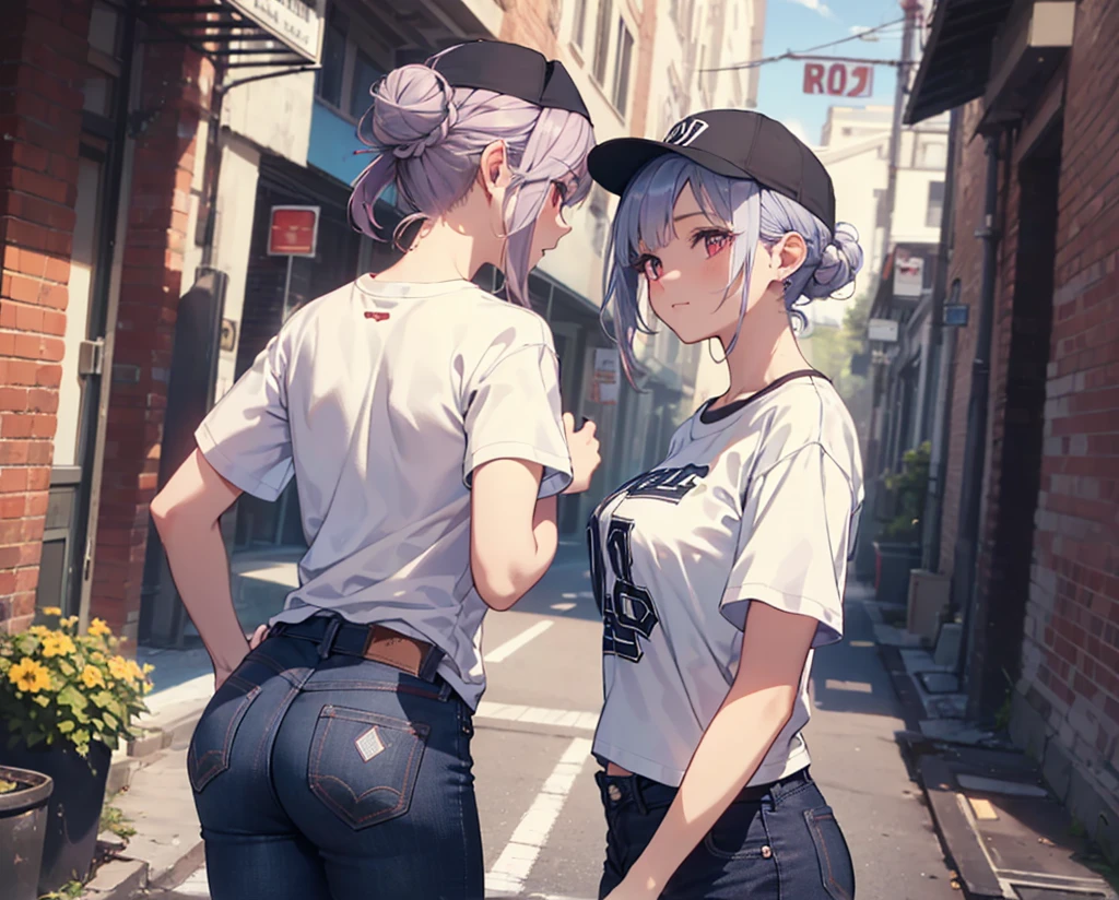 (Close-up:1.3),Realistic,Highest quality, Super detailed, High-quality CG rendering, The most delicate and beautiful, Floating softly, High resolution, (1 girl), (Highest quality,4K,8k,masterpiece:1.2), Light purple hair,(Hair in a bun:1.5),Red eyes,(Pure white oversized short sleeve T-shirt:1.3),(Black skinny jeans:1.3),(Pure white baseball cap:1.3),In the city,old buildings,Narrow back alley