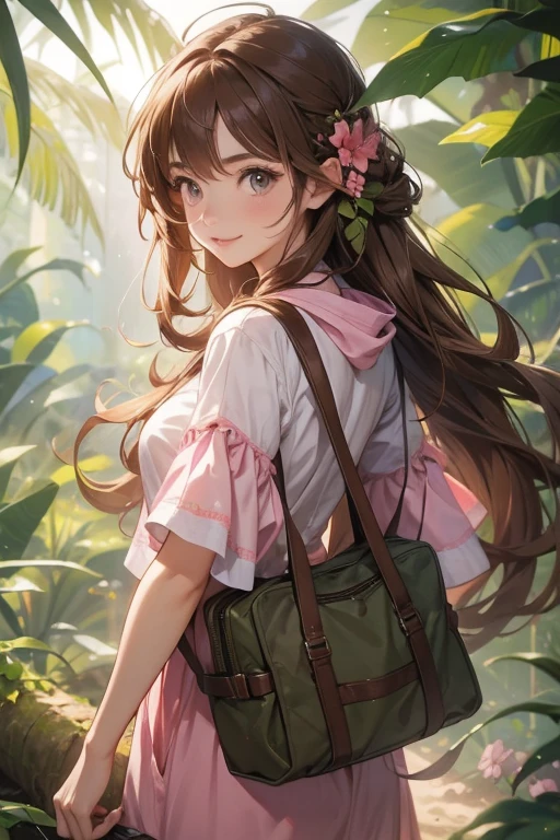 girl with long flowing brown hair. wears pink jungle adventure gear, smiling