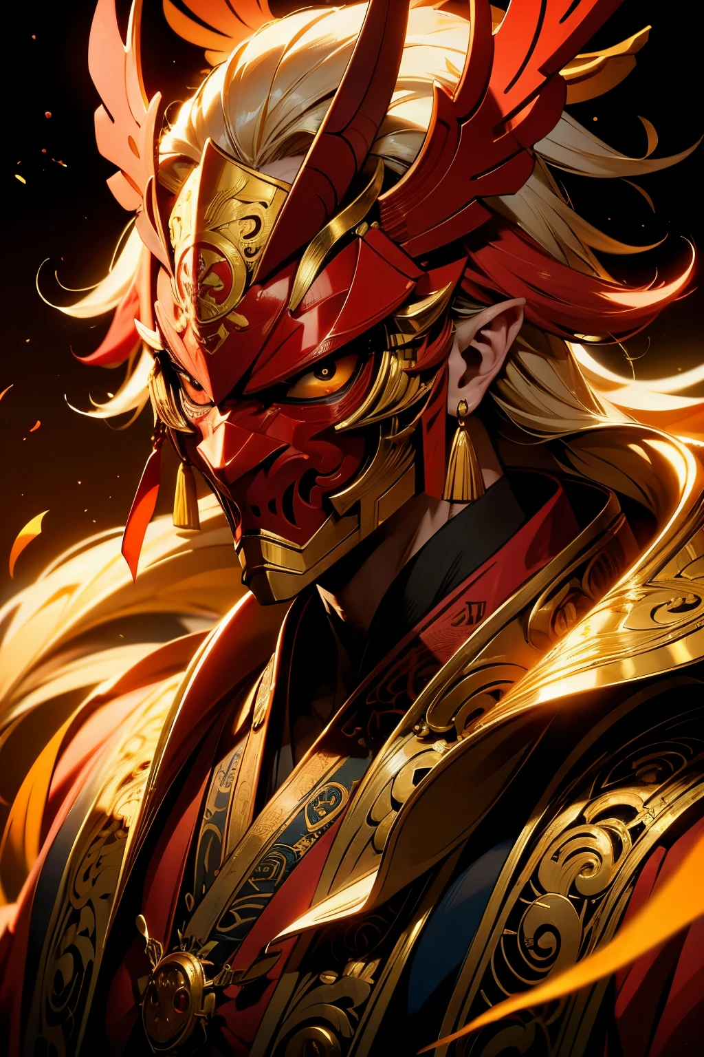 Golden Mask Stick-like nose。Tengu，He has a bright red mask on his face.。High resolution，8k、The background is Mt、masterpiece、He is an attractive male god.。