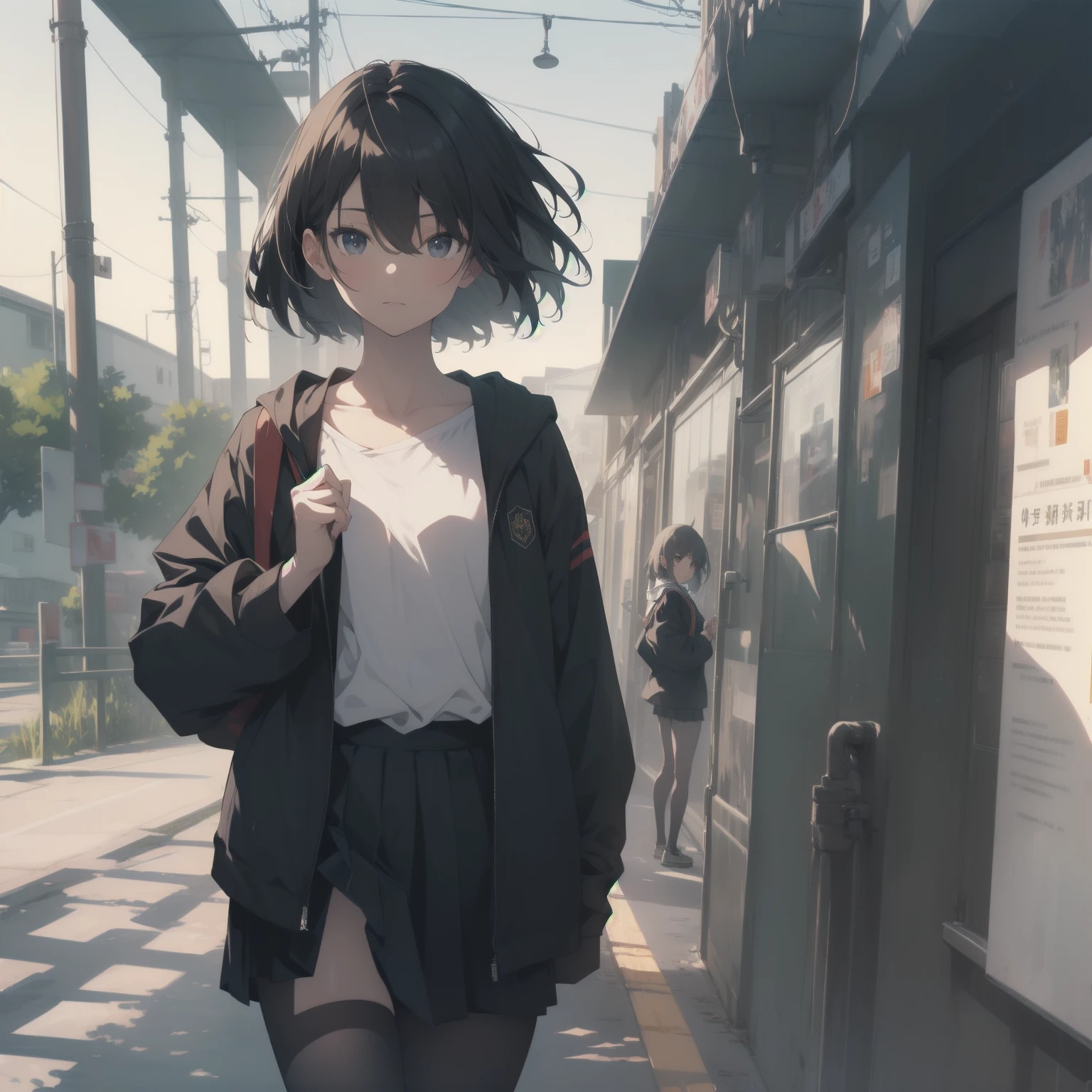 ultra-absurdres-Top quality by artist God, ultra-detailed, high resolution, anime moe artstyle, best anime 8k konachan wallpaper, pixiv contest winner, pool:2810, perfect ???????,break, 1girl, (Please draw a girl walking sleepily to school alone. )break,(Solo,little female, 13-year-old:1.3),Full limbs, complete fingers,a junior high school student, (very short hair), short cut, flat chest, , small butt, small black eyes, beautiful detailed eyes, well-proportioned iris and pupils, expressive eyes, highres detailed hair, soft expression, salor school_uniform, sailor collar, serahuku, bow, pleated skirt,(Detailed Lighting), (Detailed background), in the School commute route. break,super detailed skin, Best cinematic lighting powered by famous artist, 8k,beauty illustration,photoshop_(medium),very aesthetic,break,((artist:haruhisky )), artist:clamp ,artist:carnelian ,artist:kantoku ,