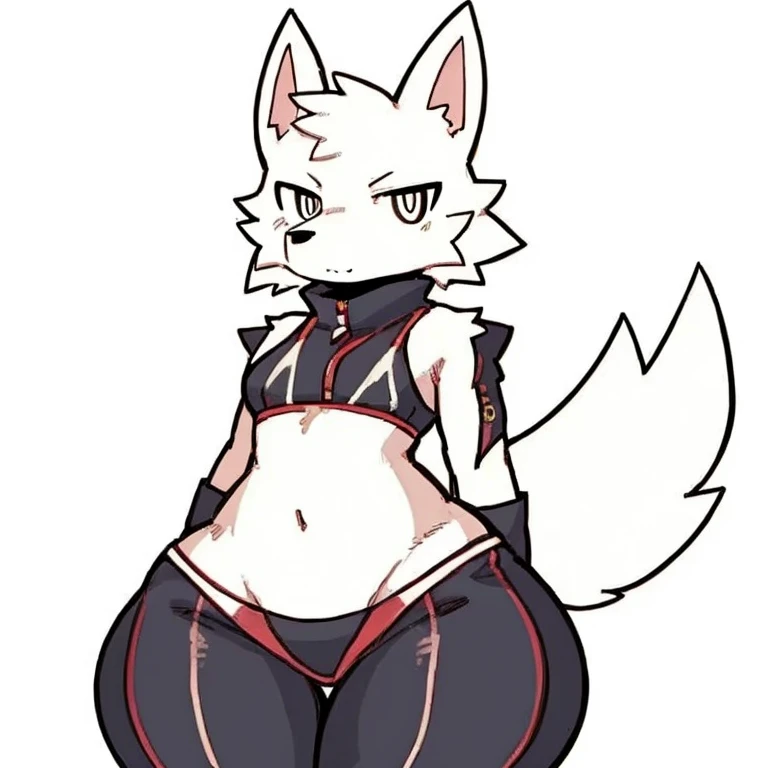 Half of the face is human，Half is White fur, Wolf, anthro, furry, 独奏, simple art ,Cold eyes,( wide hips:1.2) ,full body, clothing