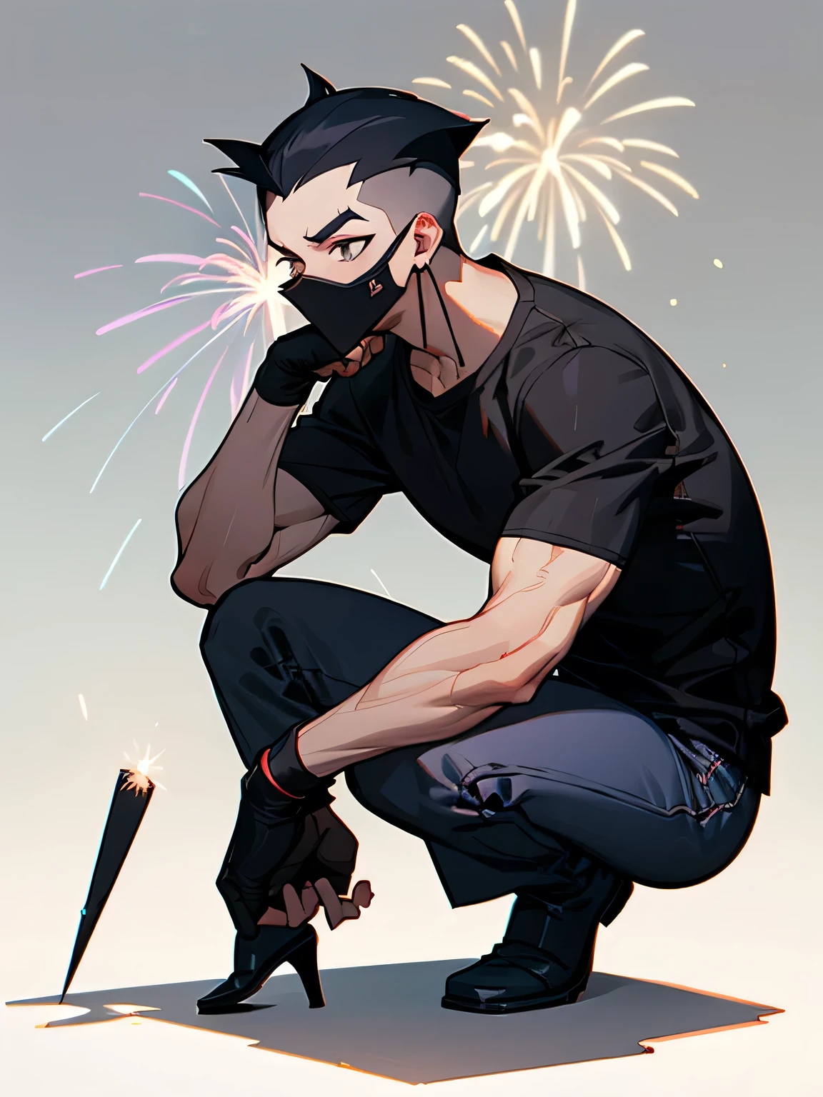 solo, squatting down, male,sideshaved,short spiked deep black blue hair,tsurime, masked,muscular body, Male Eyes, male nose, male mouth, Black T-shirt, black skinny mini pants, Expressionless , holding a firework in her hand with the firework part facing downwards and playing with it, simple white background,
