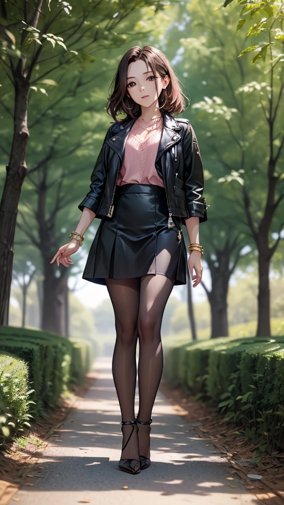 ((Biologically correct limb count))、((Full Body Shot, Full-body photo including face、Head to toe photos))、4K、masterpiece、((Focus on the face))、((Symmetrical facial features))、Eyes of meticulous depiction、beautiful woman、Excellent style、((Pink latex tights、skirt、Leather jacket、High heels with anklets))、Detailed Description、((Walking in the park early in the morning))、Looking up、Close-up photo of the whole body、Horizontal position