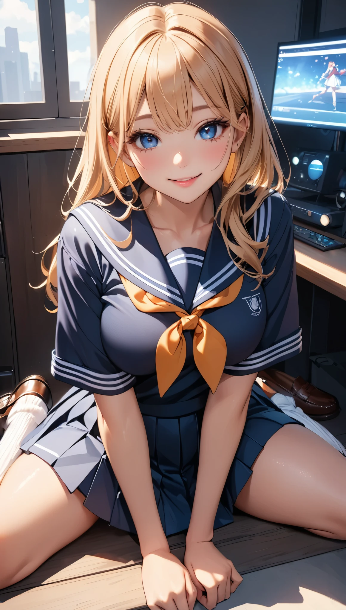 (Highest quality:1.24K, 8k, Studio Anime, Very detailed, Latest, Vibrant, High detail, High Contrast, masterpiece:1.2, Highest quality, Best aesthetics), (((1 Girl))), Sit and pose, JK, Sailor suit, Pleated skirt, loose socks, loafers, Please open your mouth a little:1.2, smile, Dynamic Angle, look up:1.3, Friendly atmosphere, Beautiful Hair, Shiny Hair, Beautiful Skin, Detailed face and eyes, Glossy Lips, Curvy Women, Striking contrast,