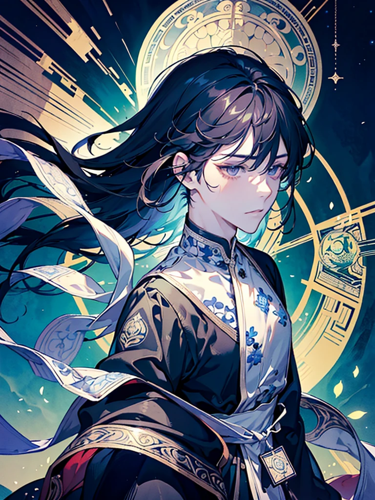 (nonsense, height, very detailed), 1 man, adult, handsome, Intricately detailed eyes and detailed face, night sky, moon \Tarot cards\, popular symbol, visual arts, undercover, universal, วิสัยทัศน์handsome, Philosophical, adhere to, science of numbers, popularity, art, Alphon Mucha, long hair,