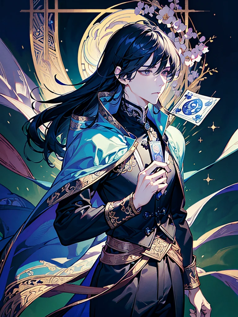 (nonsense, height, very detailed), 1 man, adult, handsome, Intricately detailed eyes and detailed face, night sky, moon \Tarot cards\, popular symbol, visual arts, undercover, universal, วิสัยทัศน์handsome, Philosophical, adhere to, science of numbers, popularity, art, Alphon Mucha, long hair,
