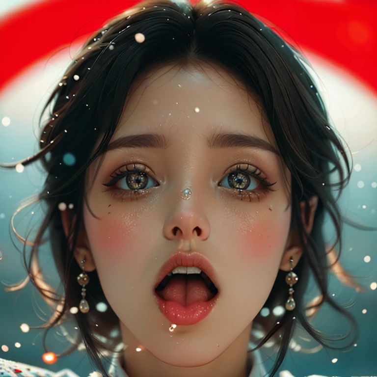 ExtremelyDetailed Kawaii girl Face,(Close-up Sweet lips), glossy lips with beautiful details, Coquettish tongue, Kissing to camera, towards the viewer, 8K TopQuality masterpiece,an extremely delicate and beautiful (ProfessionalPhoto:1.37), {Amazing|finely detail|official art|incredibly absurdres},ultra-detailed close-up shot, close up, (fish eye lens), wide lens, macro lens, Detailed reflective Eyes ElaboratePupils with (sparkling highlights:1.28) (Delicate Voluminous LongEyelashes:0.88), {(Tilted face:1.22)|Visible back of throat|saliva drips|naked shoulder}, (Dripping juice on tongue:1.23) snow particles
