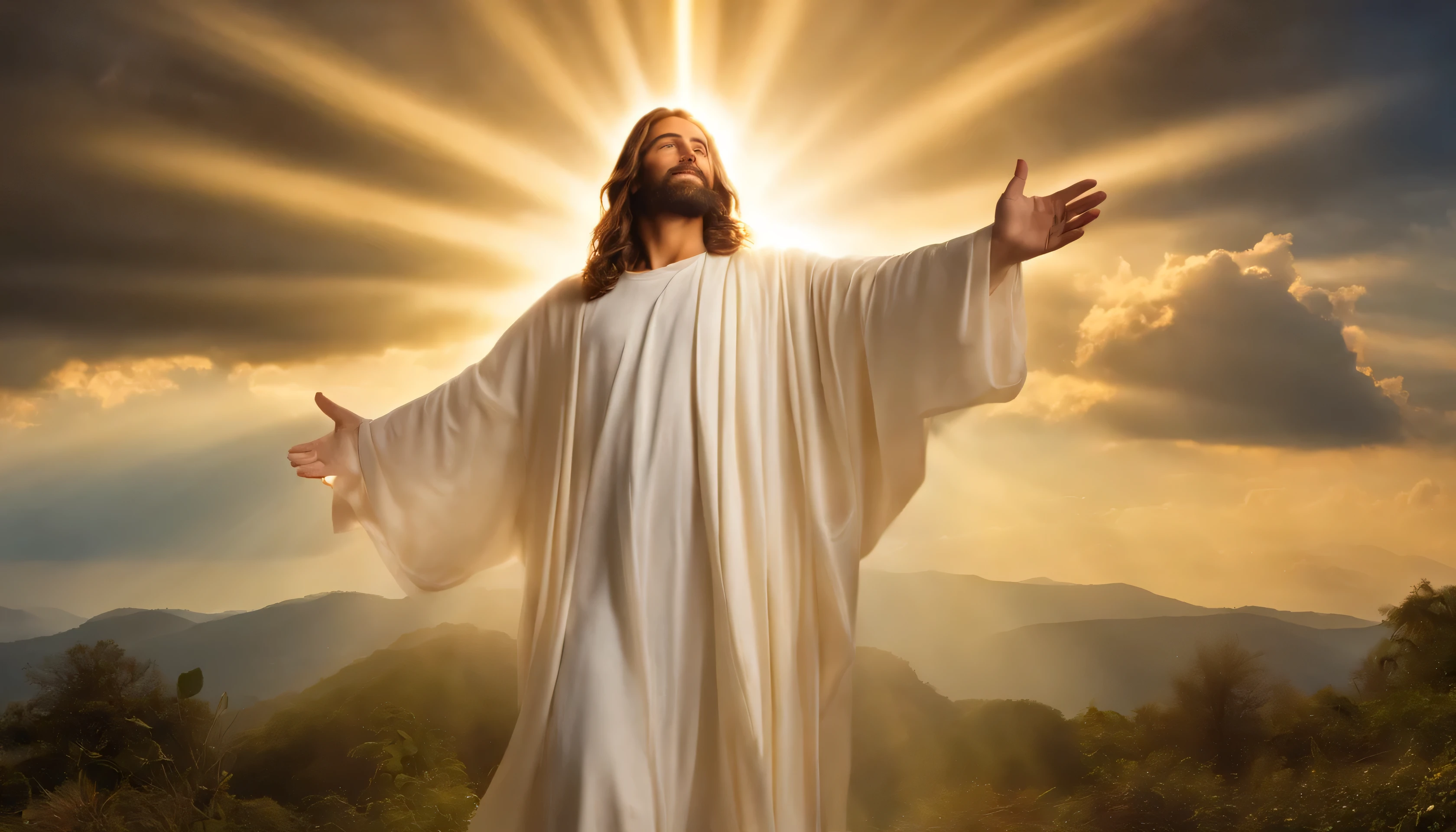 Imagem de jesus Arapeddik nas nuvens com os braços estendidos, Sacred and divine rays, jesus Cristo no ar, A bright light from the sky, heavenly light, brilliant light masterpiece, Bright God Ray, godly light, New rays of sun, majestic light, The Sacred Ray of Spiritual Light, The Lord and the Savior, jesus, Full of holy light, Sacred rays