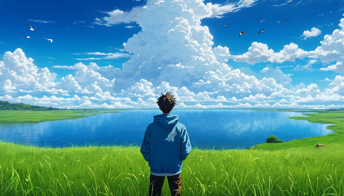 anime, anime landscape, guy looking at clouds, in a grassland, creative, realist, white clouds, blue sky, landscape amazing, guy looking away from camera, wide photo, realistic grass, birds flying. lake in the middle, sky reflects in the lake, guy wearing hoody