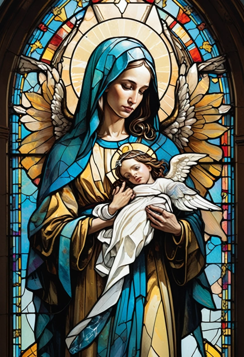 Poster,Jim Mahfood,ellen jewett, Very detailed, High Contrast,masterpiece, Stained Glass Background ,Blessed Virgin Mary,Holding an angel,