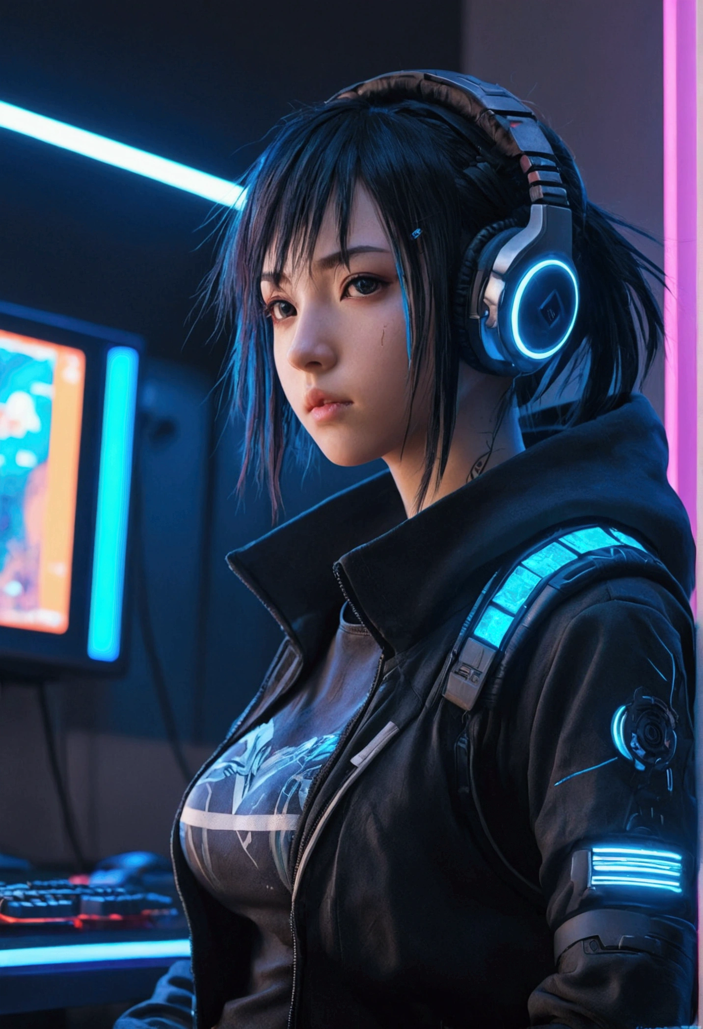 1 girl, readheat, anime, gamer, cyberpunk