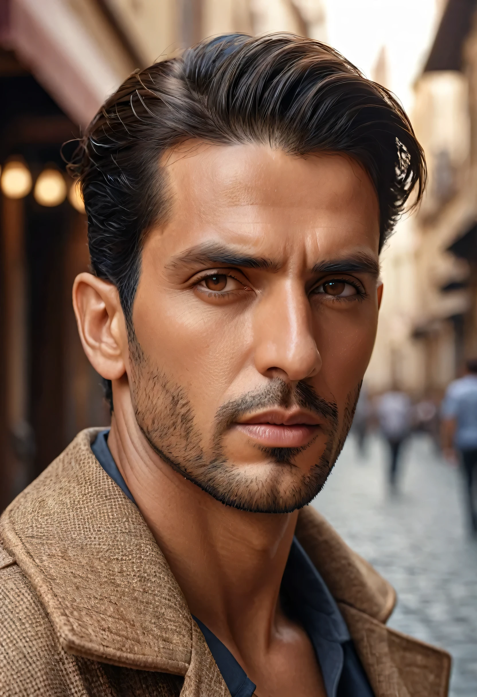 (arabian man, 20s old, young man, fashion model, square face), street style, serious looks, serious atmosphere, looking at viewers, profile photo, upper body shot, ((from back:1.5)), ((high-quality, hyper realistic, photorealistic, 8K, best quality, 4k, highres, masterpiece:1.5)), ultra-detailed, (realistic, photorealistic, photo-realistic:1.3), HDR, UHD, ultra-fine painting, sharp focus, physically-based rendering, extreme detail description, professional,