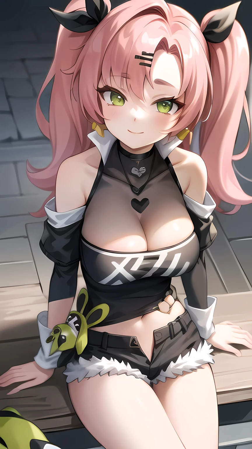 extremely detailed CG, high resolution, best quality, masterpiece, nicole demara(zzz), pink hair, hair ribbon, twintails, two side up, tube top, bare shoulders, large breast , huge , micro shorts, green eyes, looking at viewer, hair clip sitting, smile,