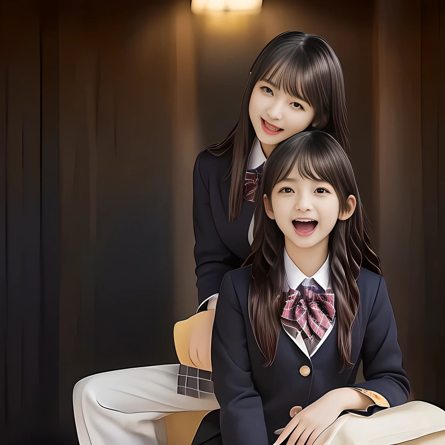 (Highest quality, masterpiece:1.2), Highest quality, High resolution, 1080P, 8k, height: 158cm, super long black hair, ((Seven noble, graceful and intelligent 14yo Japanese young long hair idles who have a best proportion are seated and singing religious hymn chorus with opening their mouth, all of them are watching at me!: 1.5)), ((So sweet, very noble, neat, and pretty 14yo Japanese beautiful fashion magazine models are surrounding me and looking gracefully at me: 1.6)), ((All of them are looking directly at me,)) ((((Very pure white face and limbs)))), Glossy Lips, (Evenly cut curled bangs), ((Very beautiful, droopy, cute, pure, noble, intelligent brown eyes with detailed: 1.6)), ((Gorgeous and very wavy super long black hair, super very long wavy black hair, beautiful wavy hair like a princess: 1.8)), (Very shiny, glossy Lips), Watch at you, ((Incredibly well organized, Rich facial expressions)), ((Plump and beautiful white skin and face)), ((Pure, clear, gentle brown eyes)), ((staring at me)), Glossy Lips, ((Noble and elegant)), ((Large upward-curving lips)), ((((Navy gorgeous Japanese school blazer with noble golden emblem)))), ((Navy and sapphire blue Japanese school gorgeous uniform)), ((Tartan check pattern dark blue and navy pleated gorgeous skirt with beautiful white fat calf: 1.0)), ((Blue gloss chest ribbon: 1.0)), ((((An ecstatic expression of boundless joy)))), (((Beauty and fashion magazine for young girls))), ((Cute beautiful knees)), ((Well-shaped ample breasts)), ((Tilting his head and smiling)), ((Plain darkness background: 1.5)), (Singing in religious happiness and inviting me to the happiness with them: 1.0), ((Too beautiful women to stop falling into them: 1.6)), ((They are in fact succubi and seated with strong religious temptation)), A beautiful girl like the young lady painted by Renoir