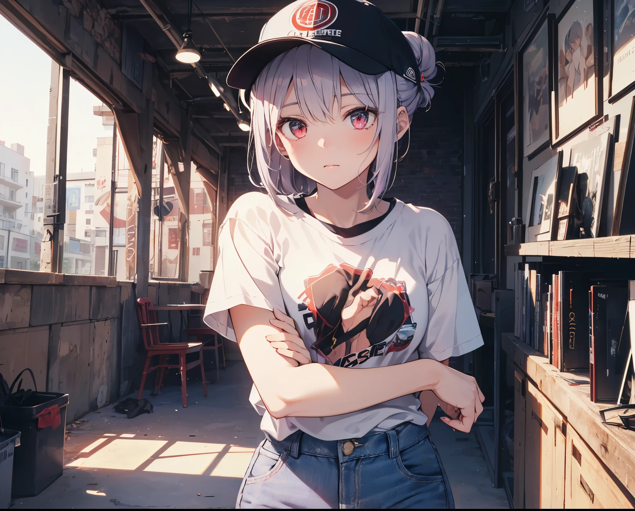 (Close-up:1.3),Realistic,Highest quality, Super detailed, High-quality CG rendering, The most delicate and beautiful, Floating softly, High resolution, (1 girl), (Highest quality,4K,8k,masterpiece:1.2), Light purple hair,(Hair in a bun:1.5),Red eyes,(Pure white oversized short sleeve T-shirt:1.3),(Black skinny jeans:1.3),(Pure white baseball cap:1.3),In the city,old buildings