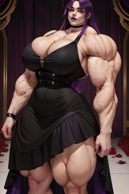 ((Close-up)), tall, (violet purple hair) beautiful muscular woman, long hair with long bangs, pale white skinned, closed smile, (black lipstick), (massive muscles), (hyper muscle), (ginormous bulky muscles), black eyes, ((red flamenco-inspired dress, long skirt)), (red and vibrant environment:1.3), choker, high heels, in a red room filled with roses,