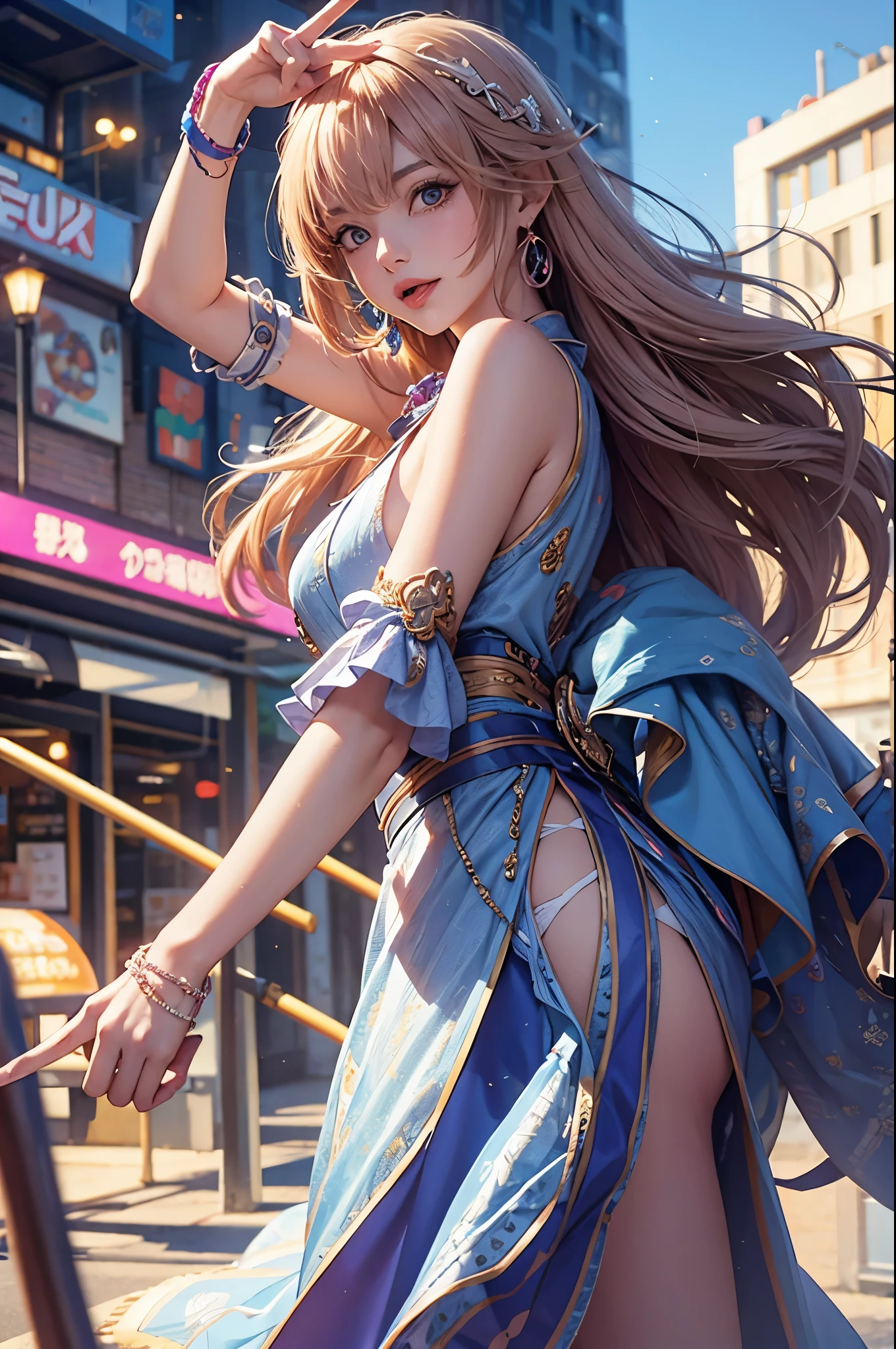nicole demara, cowboy shot, tongue out, peace symbol, from side, city, anime source BREAK