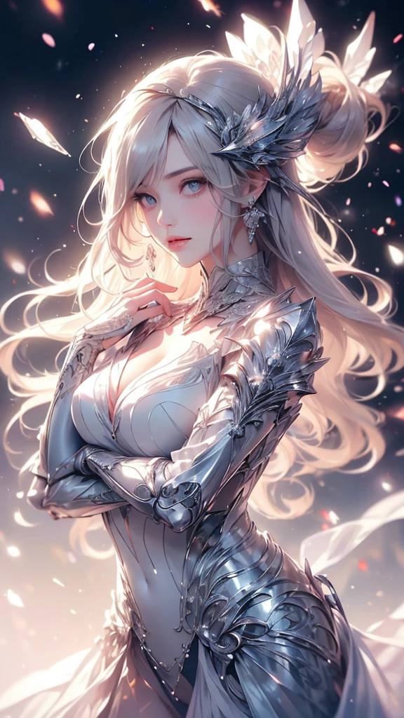 (((Tabletop))), (((Highest quality))), ((Very detailed)), (Very detailed写真), ((Very delicate and beautiful)),(Cute delicate face),here is a digital art of a very futuristic looking female that has armor and armss, One Girl, arms, alone, sf, Holding, Holding arms, robot,Beautiful face and eyes, double eyelid,Delicate skin,Slim figure、Dress and armor