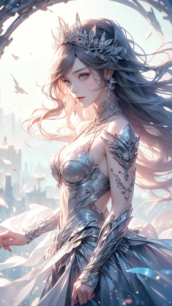 (((Tabletop))), (((Highest quality))), ((Very detailed)), (Very detailed写真), ((Very delicate and beautiful)),(Cute delicate face),here is a digital art of a very futuristic looking female that has armor and armss, One Girl, arms, alone, sf, Holding, Holding arms, robot,Beautiful face and eyes, double eyelid,Delicate skin,Slim figure、Dress and armor
