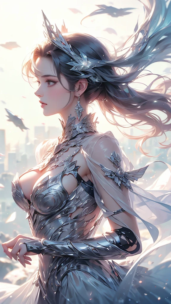 (((Tabletop))), (((Highest quality))), ((Very detailed)), (Very detailed写真), ((Very delicate and beautiful)),(Cute delicate face),here is a digital art of a very futuristic looking female that has armor and armss, One Girl, arms, alone, sf, Holding, Holding arms, robot,Beautiful face and eyes, double eyelid,Delicate skin,Slim figure、Dress and armor
