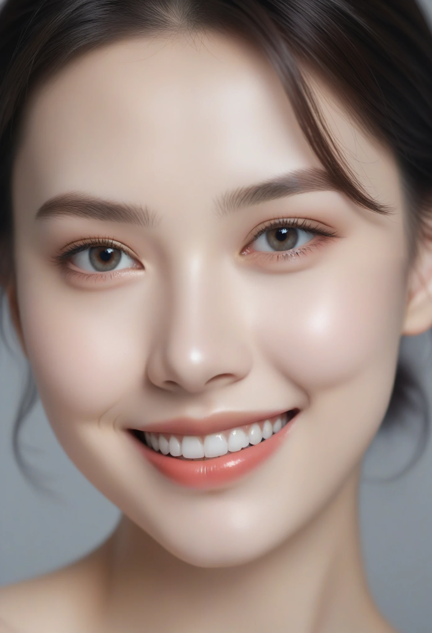 (Gray background:1.5, Close-up shot:1), (lifelike:1.4), (best quality:1.0), (Ultra HD:1.0), 8K, original photo, (masterpiece:0.2), 1 girl, Beautiful Skin, Delicate skin, A bright smile, teeth, (short hair:1), 