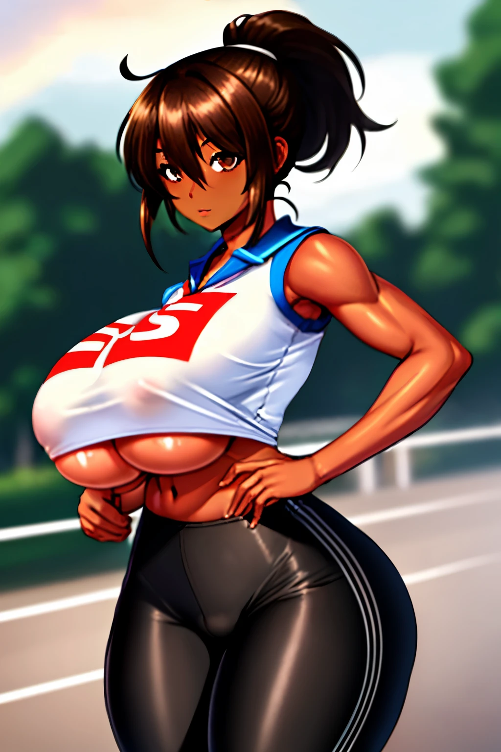 1womanl, dark skin color, defined body, muslos grandes, big boobies, longye hair, ponytail hair, Hair over the shoulder, legging pants, short regatta shirt, lightbrown eyes,(super detailed eyes), wide shot, uhd, super detail, high quality, best quality, 8k