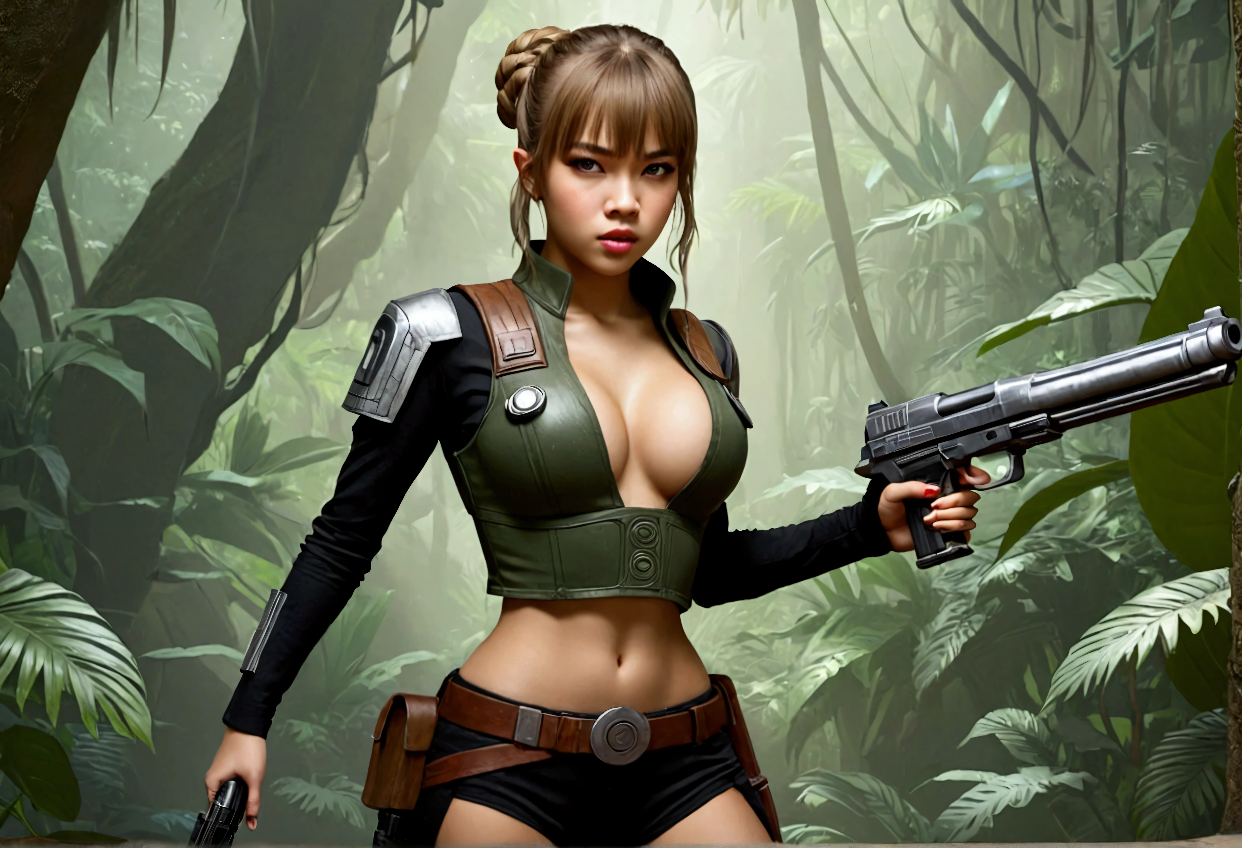 Star Wars (Lalisa Manobal, age 25, sexy combat outfit, very detailed blaster pistol) is a Rebel mercenary raiding an imperial convoy in a jungle. Action pose
