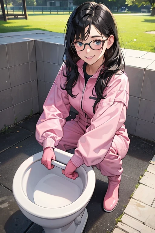 A black-haired, freckled girl with glasses wearing long pink rubber gloves and white rubber boots, smiling while cleaning a toilet in a park, wearing a blue long-sleeved jumpsuit