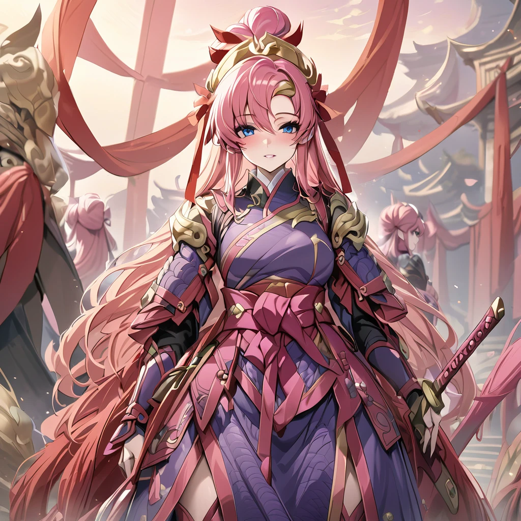 ((Highest quality)), ((masterpiece)), (detailed), （Perfect Face）、The female ancient Chinese warrior is Lacus Clyne, with blue eyes, pink semi-long hair, and is wearing luxurious ancient Chinese warrior equipment, a sword, and a luxurious headdress.、There are beautiful female warriors in the palaces of ancient China