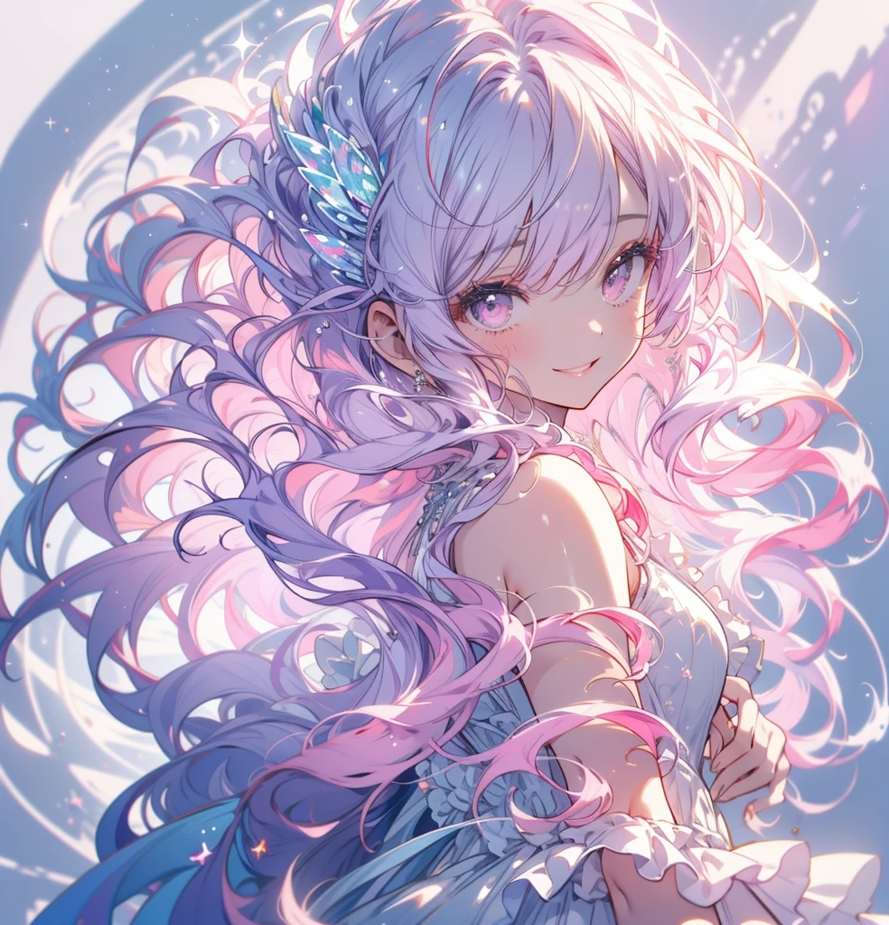 (masterpiece,Highest quality, Very detailed, beautiful, Exquisite, 16K, Full HD), ((smile,Happy:1.5)),get up,((Frills, Sparkling fluffy layered ball gown)), (Pink medium hair,Wavy Hair,Fluffy hair),(White skin,Lavender eyes, Long eyelashes, Big eyes,Pale pink cheeks), (pastel colour,Fantasy art:1.2), (White Background:1.8),Turn your whole body forward,Upper Body