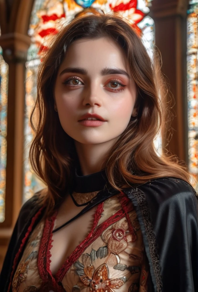 a beautiful young girl, religious woman wearing a cloak, fair skin, black stripes embroidered on the eyes, realistic, background red, scar on the face, dress with golden lace, arco de sol ao fundo, delalhes, vestido preto, chorando, boca levemente aberta, mãos dadas orando, (best quality,4k,8k,highres,masterpiece:1.2),ultra-detailed,(realistic,photorealistic,photo-realistic:1.37),HDR,UHD,studio lighting,ultra-fine painting,sharp focus,physically-based rendering,extreme detail description,professional,vivid colors,bokeh,portraits,detro de uma igreja, vitral ao fundo