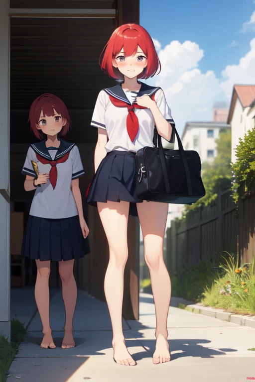 2 women, 18 years, anime, short black hair and short red hair, ren, school, shy, submissive, blushing, barefoot 