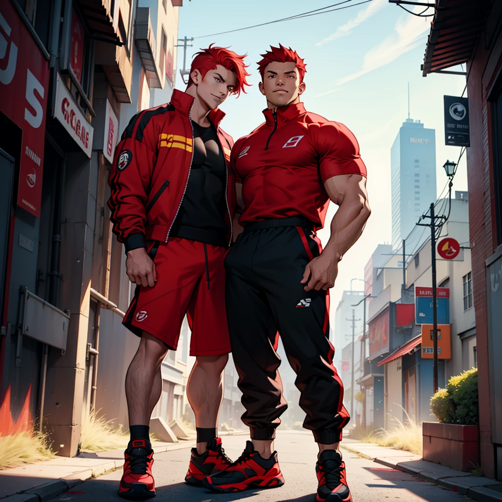 fire bending, man, short red hair, strong, animated style, blue eyes, Modern city background, Beautiful smile. Characters face full body from head to toe very attractive and muscular body. A muscular woman dressed in sportswear. big, muscular arms. Black sports shoes. Black sportswear with red tones. The character is standing facing forward. red eyes