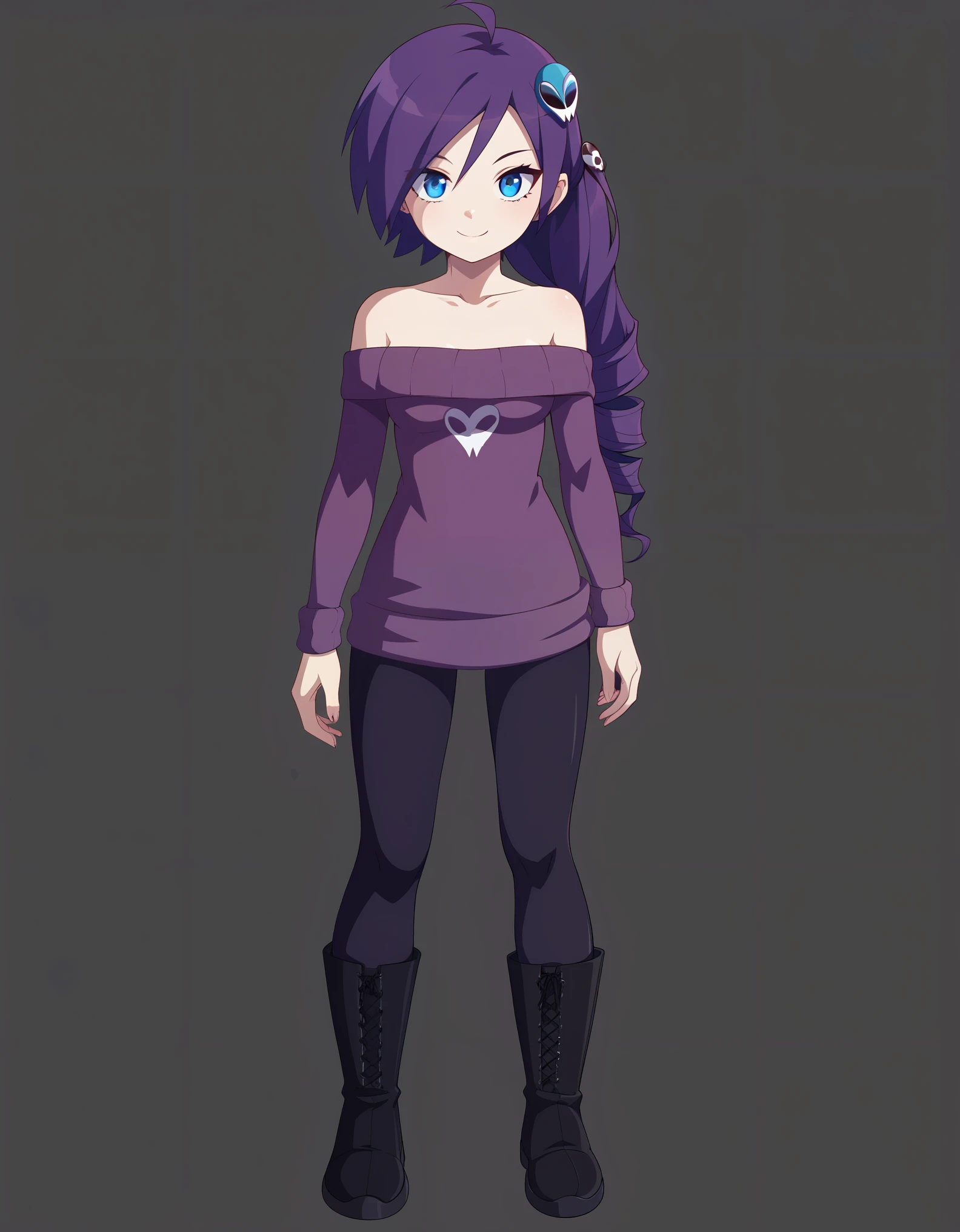 1girl, zonetan, drill hair, long hair, purple hair, skull hair ornament, ahoge, blue eyes, off-shoulder sweater, hip-high stockings, boots, standing, smile, front view, full body