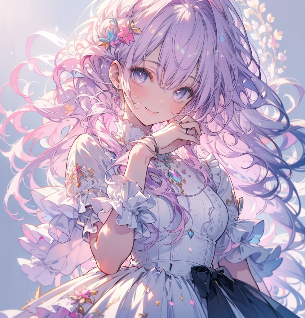 (masterpiece,Highest quality, Very detailed, beautiful, Exquisite, 16K, Full HD), ((smile,Happy:1.5)),get up,((Frills, Sparkling fluffy layered ball gown)), (Pink medium hair,Wavy Hair,Fluffy hair),(White skin,Lavender eyes, Long eyelashes, Big eyes,Pale pink cheeks), (pastel colour,Fantasy art:1.2), (White Background:1.8),Turn your whole body forward,Upper Body
