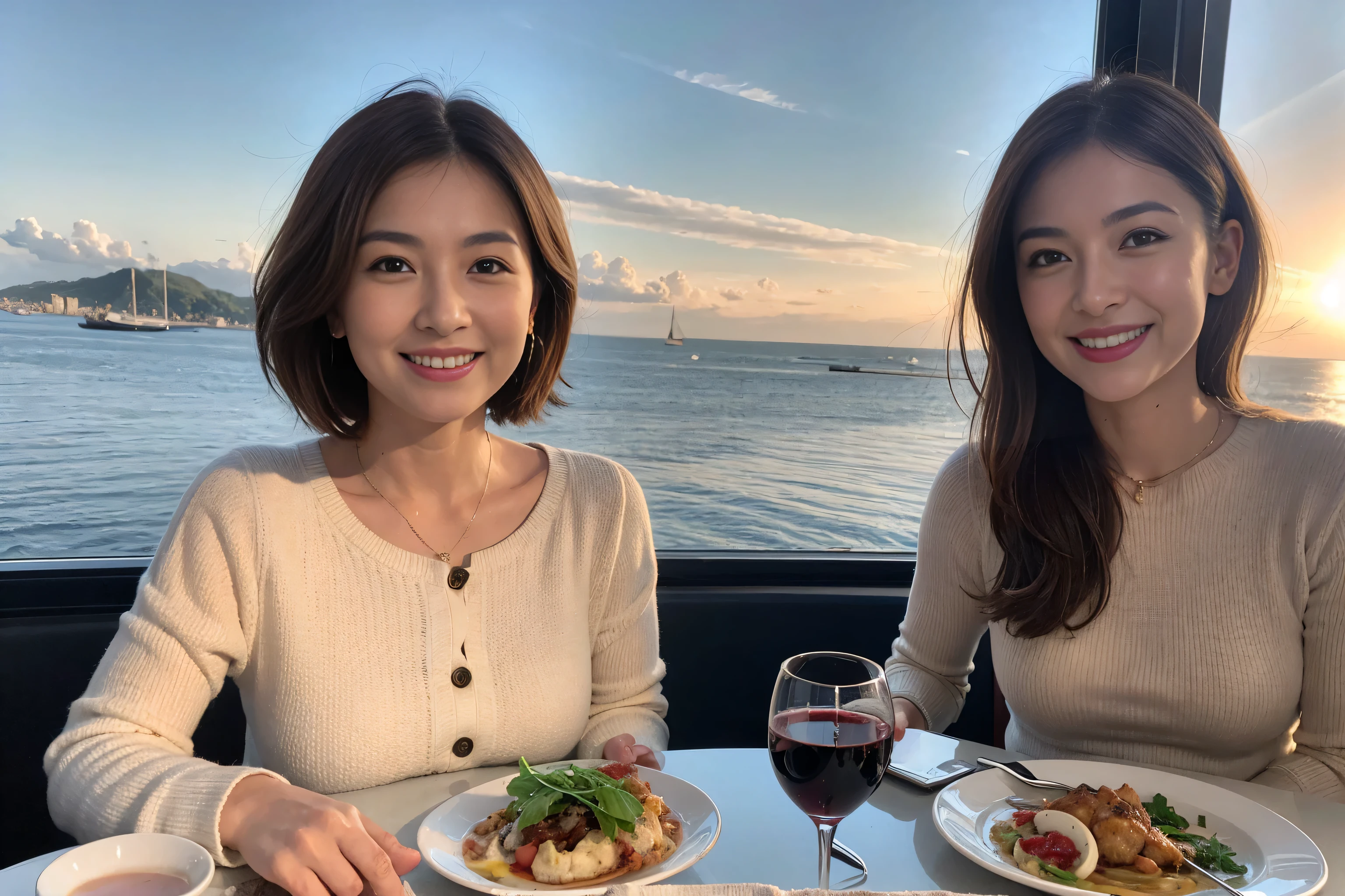 (Realistic:1.1),(masterpiece,Highest quality),8k,(49 years old), 53 years old, slimカップル、Tight waist,Upper Body,full-course dinner、wine 、Amazing view of the sunset sky and clouds、Perfect Anatomy, Brown Hair, short hair,Random Hairstyles,((Highly detailed face and eyes:1.2)),Perfect golden ratio face,Long sleeve shirt、dress,(smile:1.2)、Shortcuts、cute、(Realistic, Intricate details:1.2), A bright smile、short hair,Bright Face、赤wine 、Appetizers、Italian food、wine bottle、Champagne、スパークリングwine、(slimな顔), (The body is slim), (Brown Hair), (Shortcuts), Upper Body, 白wine, slim, wineグラス,