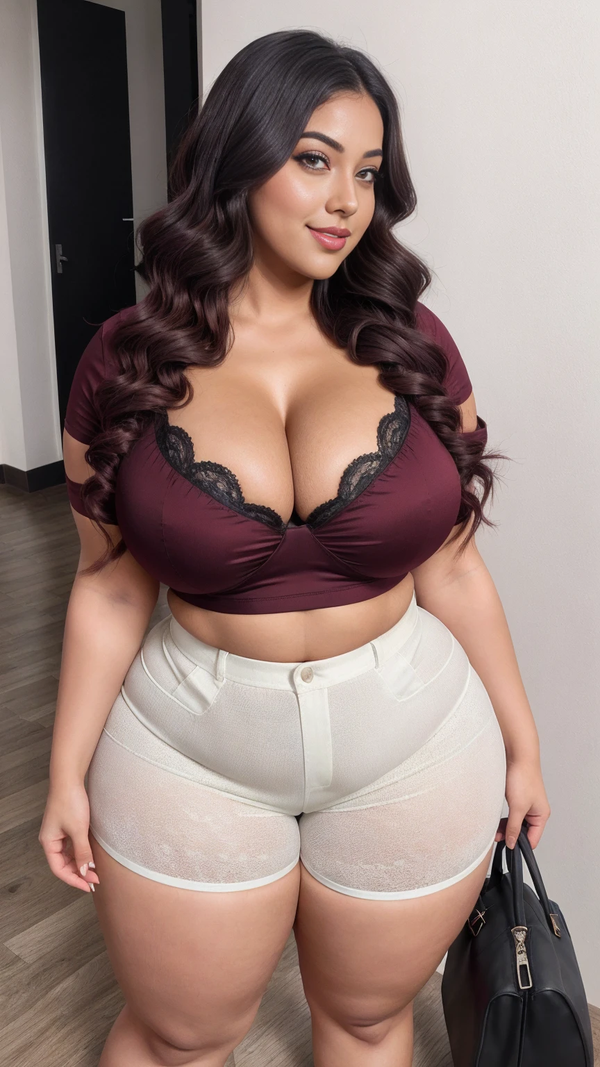 Plus size, Shruti Haasan, naked, curvy, standing over couch, voluptuous body, cleavage, earings, necklace, torn clothes, makeup is ruined, scared, mercy wanted an expression